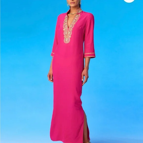 NWOT NICOBLU NOOR LONG FUCHSIA TUNIC DRESS WITH GOLD EMBELLISHMENT SIZE 4 - Picture 2 of 8